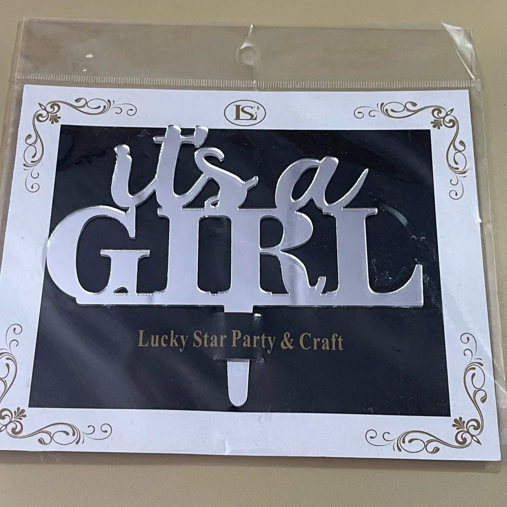 NWT It's a Girl Cursive Mirrored Acrylic Cake Topper